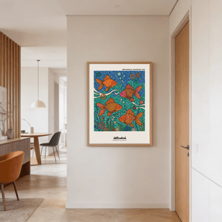 Fish poster framed print with orange and pink goldfish in a hallway next to a wooden door