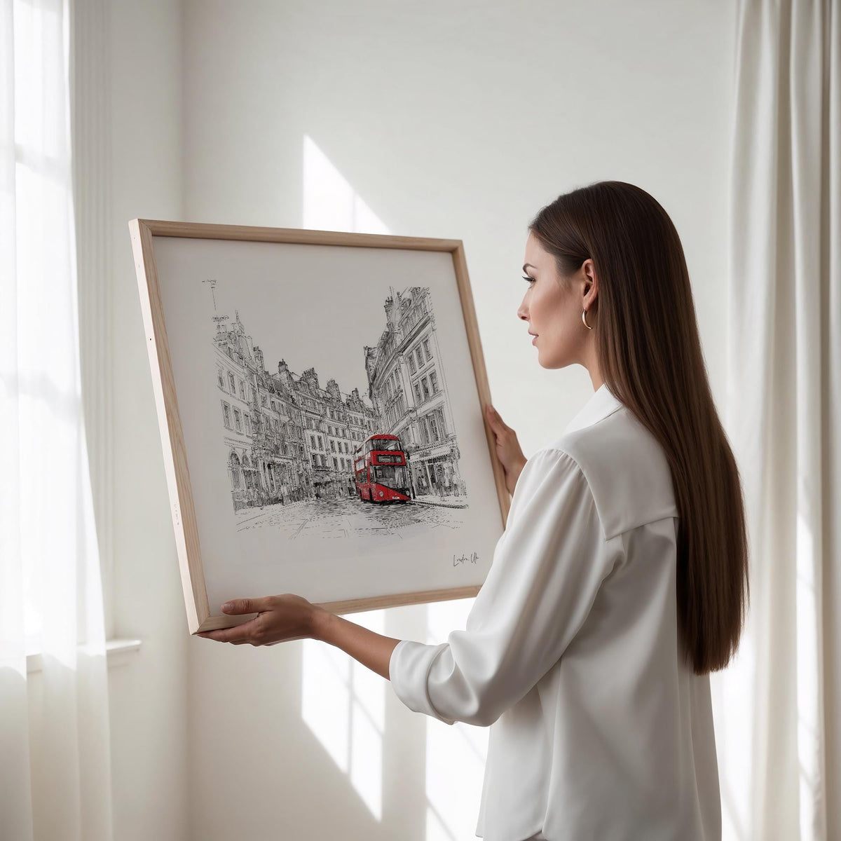 Framed London England wall art held by a woman in white blouse with a red double-decker bus