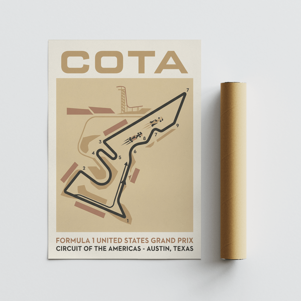 Race Track Map Poster flat artwork with beige and brown circuit map beside a brown packaging tube