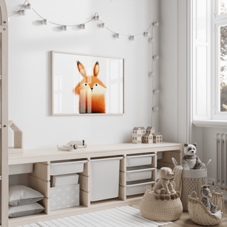 Cute Fox Poster framed print in a minimalist children's room with toys and a large window