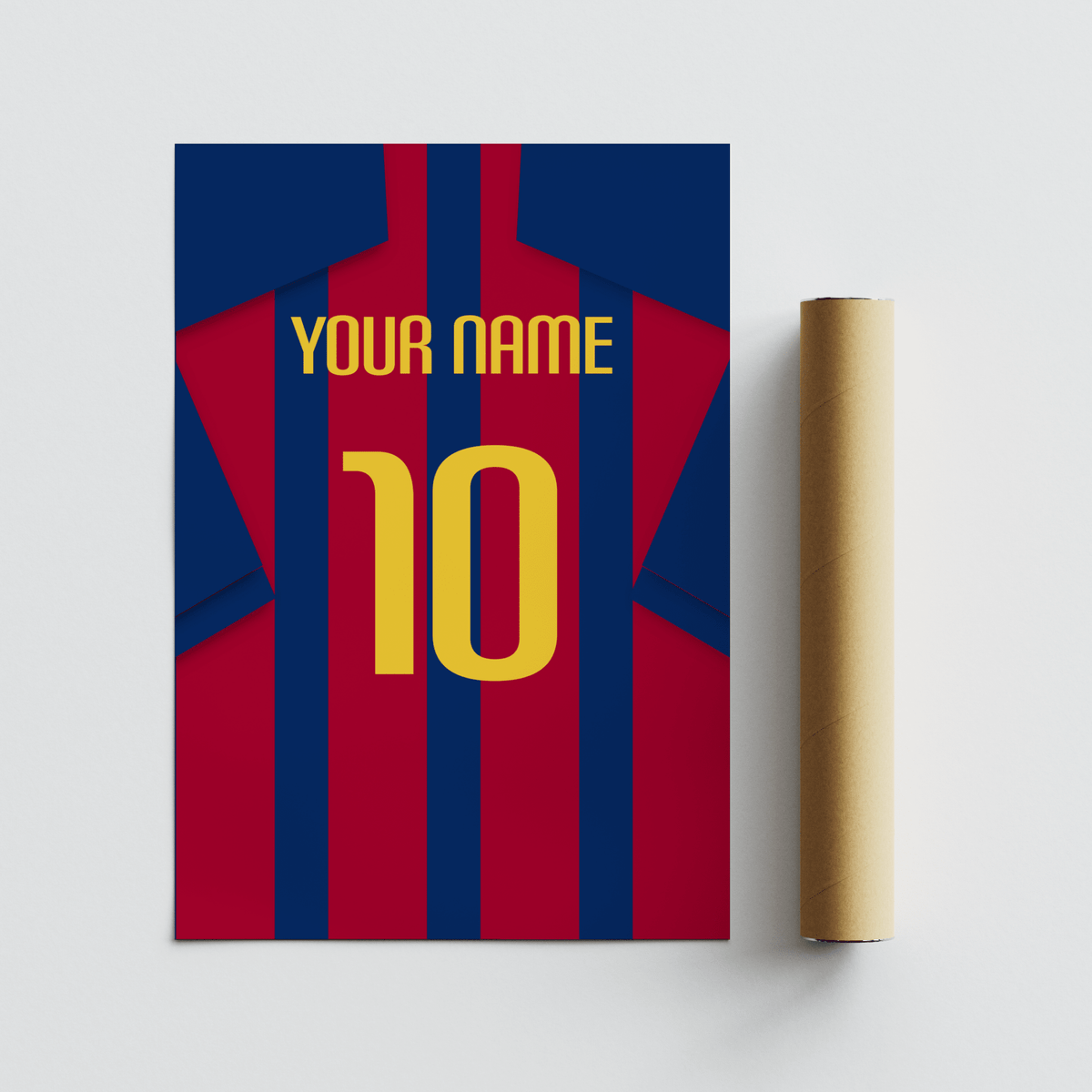 Football Shirt Poster in Red and Blue Stripes with Yellow Number next to a brown packaging tube