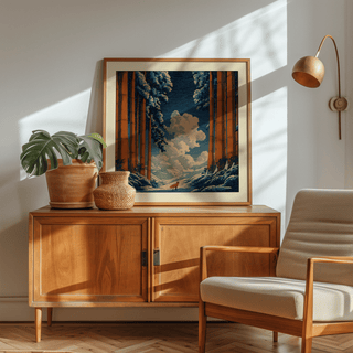 Print leaning on a wooden cabinet of a red fox in a snowy forest with tall orange trees and blue sky next to a plant and basket