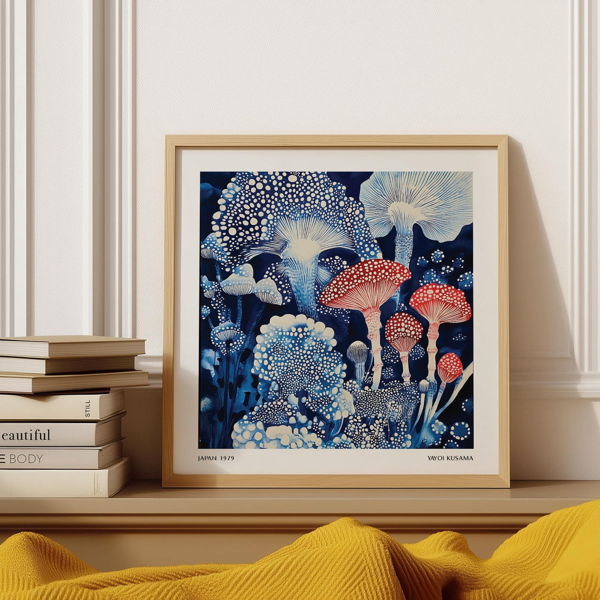 Framed Japanese Poster with blue and red toadstools mushrooms with books nearby