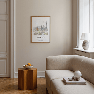 Print on a wall of Tokyo Skyline Art Print in watercolour and illustration style with cherry blossoms and cityscape in a living room