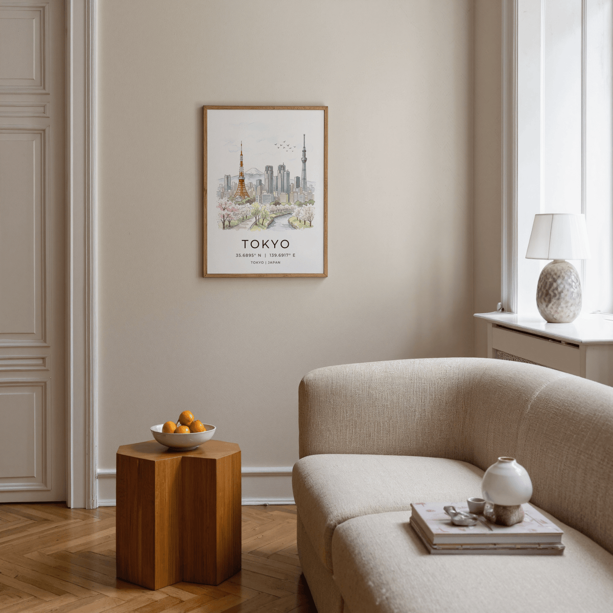 Print on a wall of Tokyo Skyline Art Print in watercolour and illustration style with cherry blossoms and cityscape in a living room