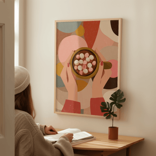 Print on a wall of hot chocolate wall art with abstract pink and brown shapes by a small plant