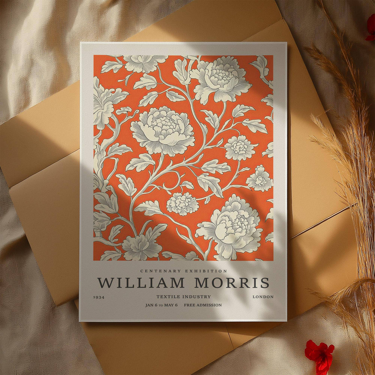 Vintage Flower Art print with grey peonies on bright orange background with leafy stems on fabric and paper