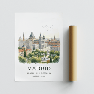 Madrid Cityscape Art Print with watercolour cityscape and a fountain next to a packaging tube