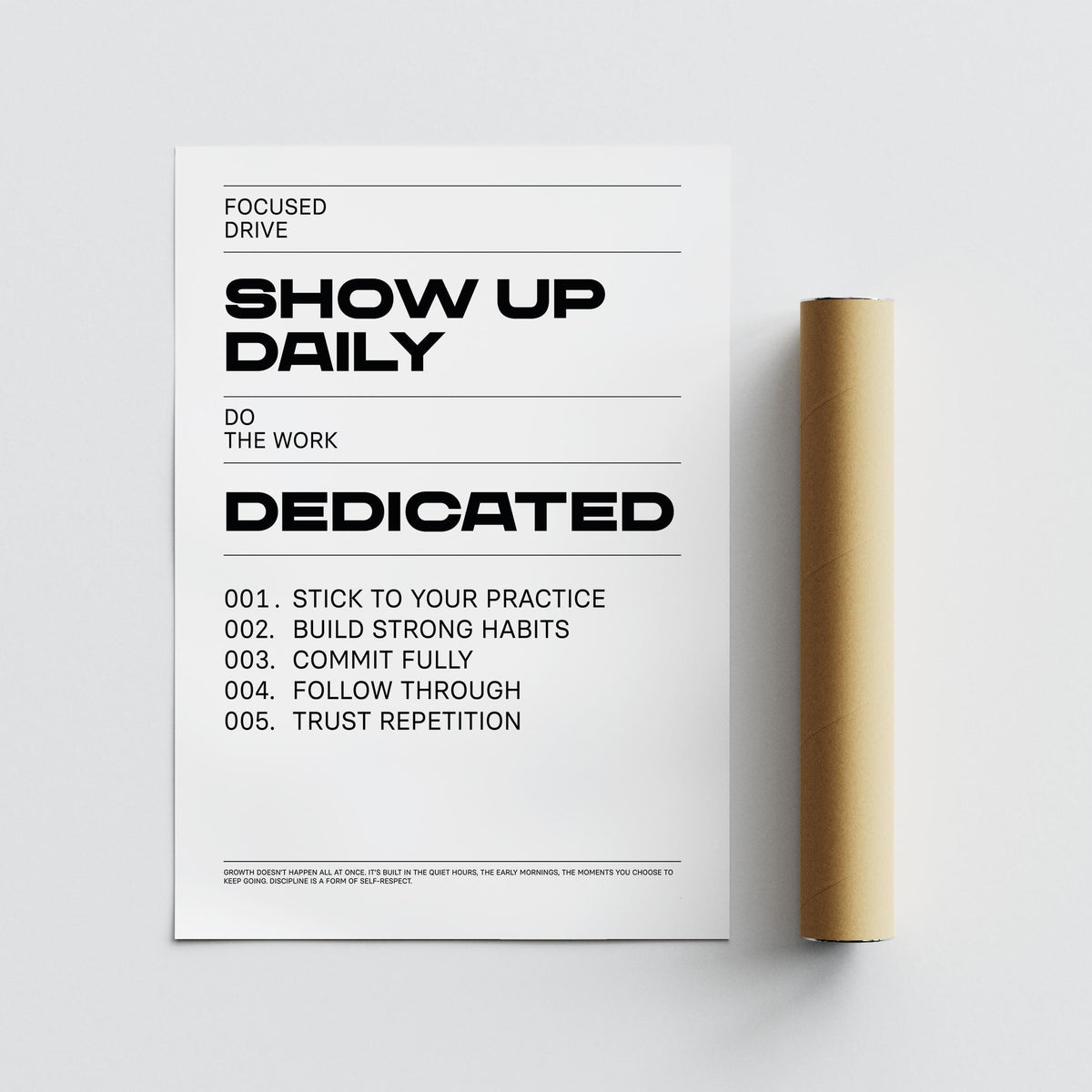 Daily Affirmations Print showing motivational text in black on white beside a brown packaging tube
