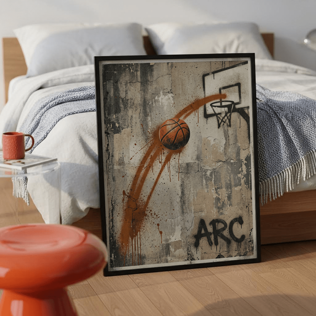 Print leaning on a shelf basketball graffiti wall art with orange and black detail in a bedroom