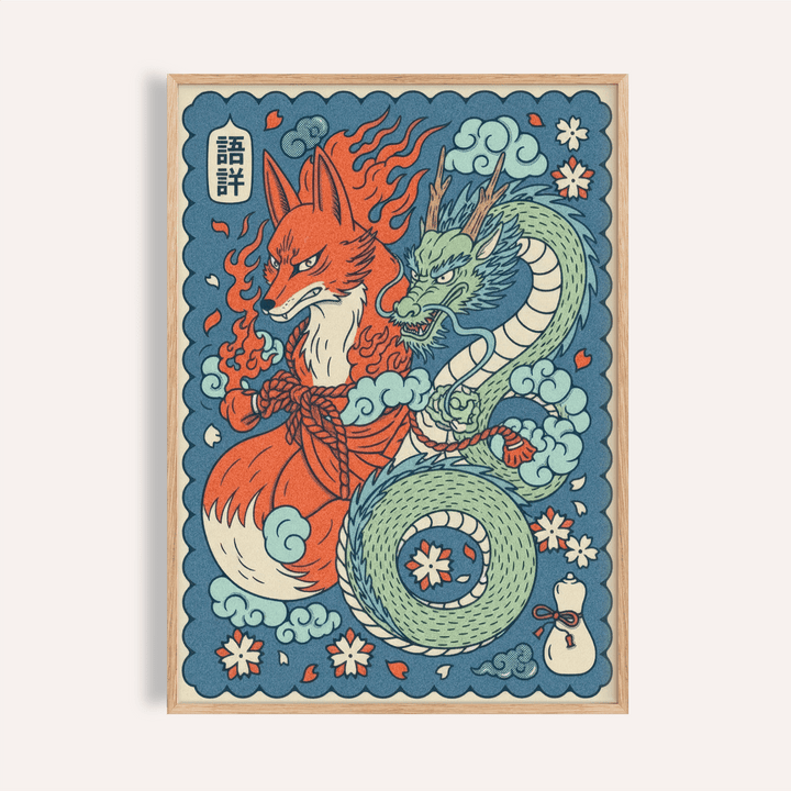 Mythical Creature wall art featuring a red fox and green dragon in japanese ink style