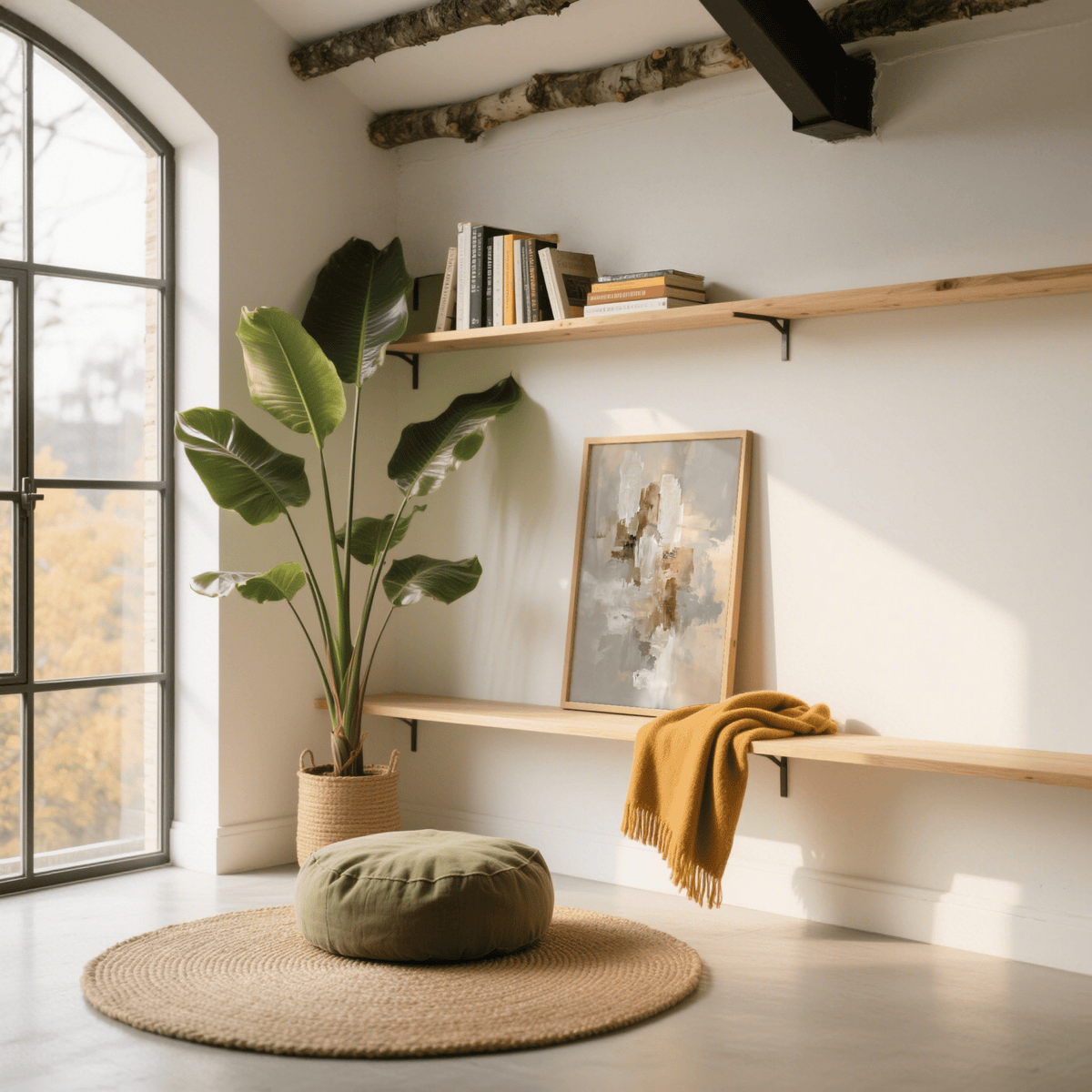 Abstract Neutral Art Print leaning on a wooden shelf with a mustard throw and plant nearby in a bright room