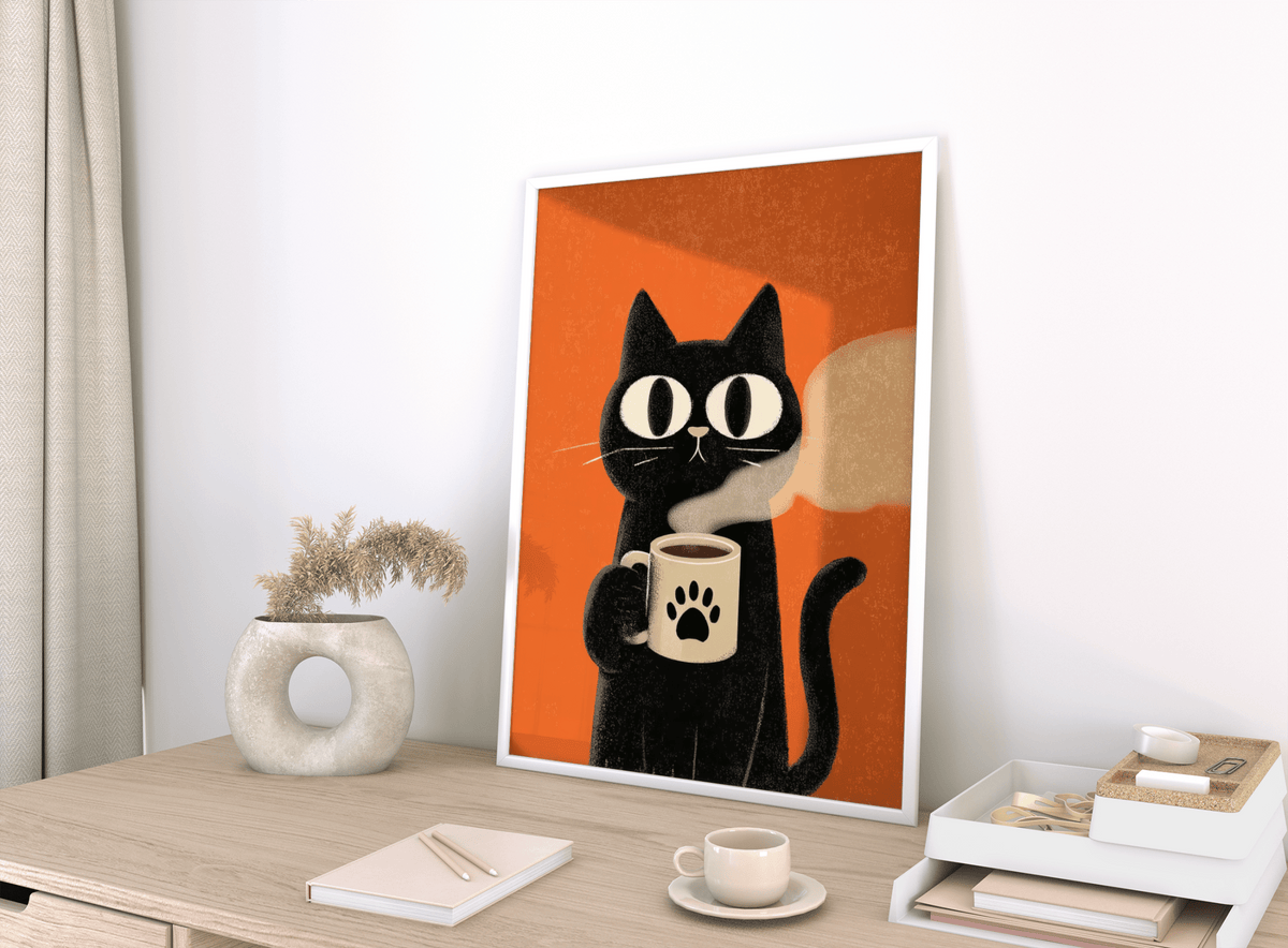 Cat Coffee Mug Print leaning on a table with a minimalistic vase and neutral background