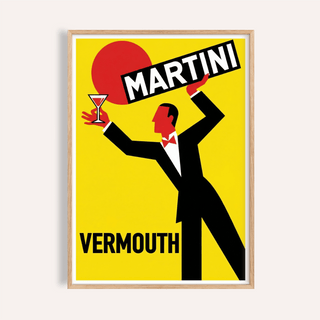Framed Retro Vermouth Bar Poster with a man holding a martini glass and bold red and yellow colours
