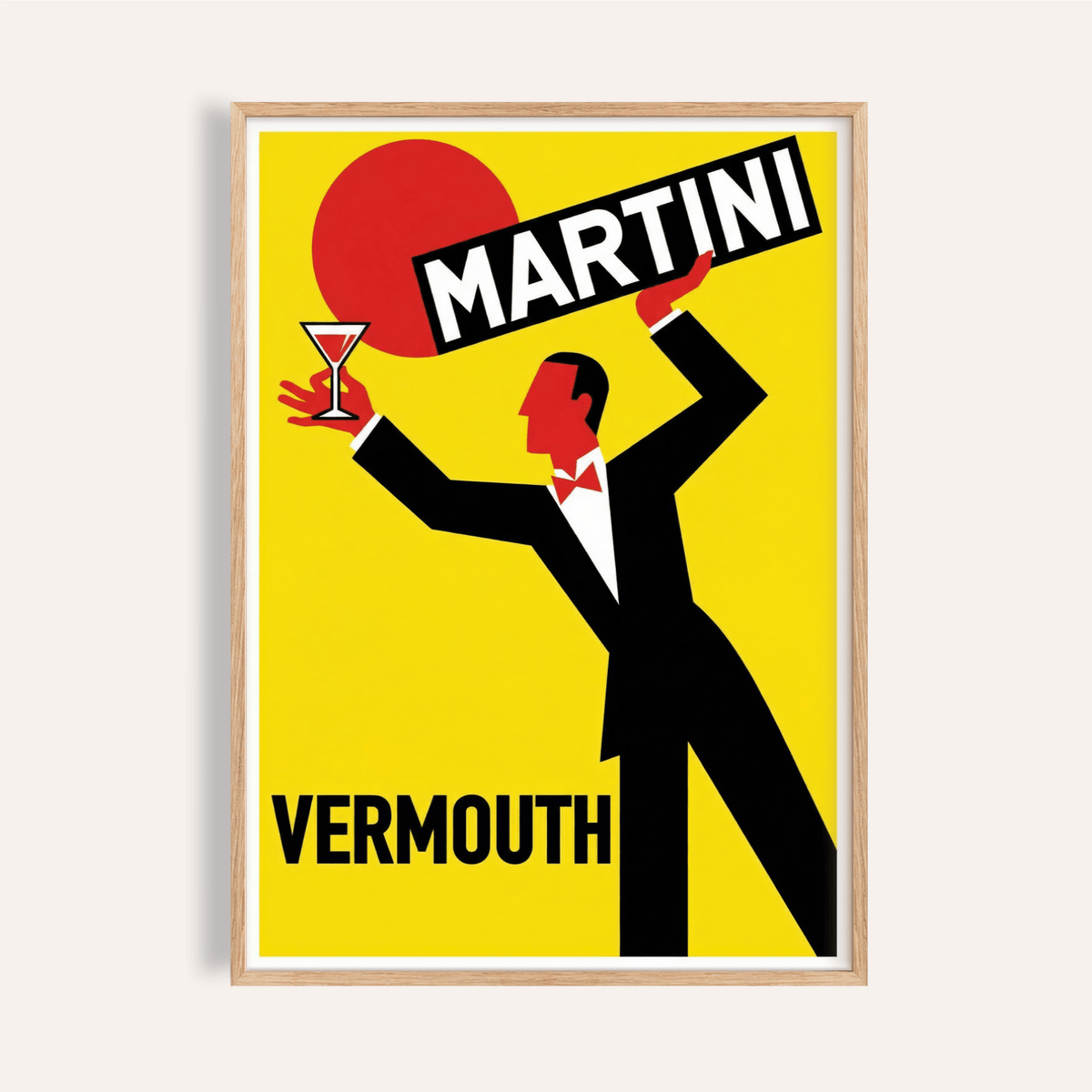 Framed Retro Vermouth Bar Poster with a man holding a martini glass and bold red and yellow colours