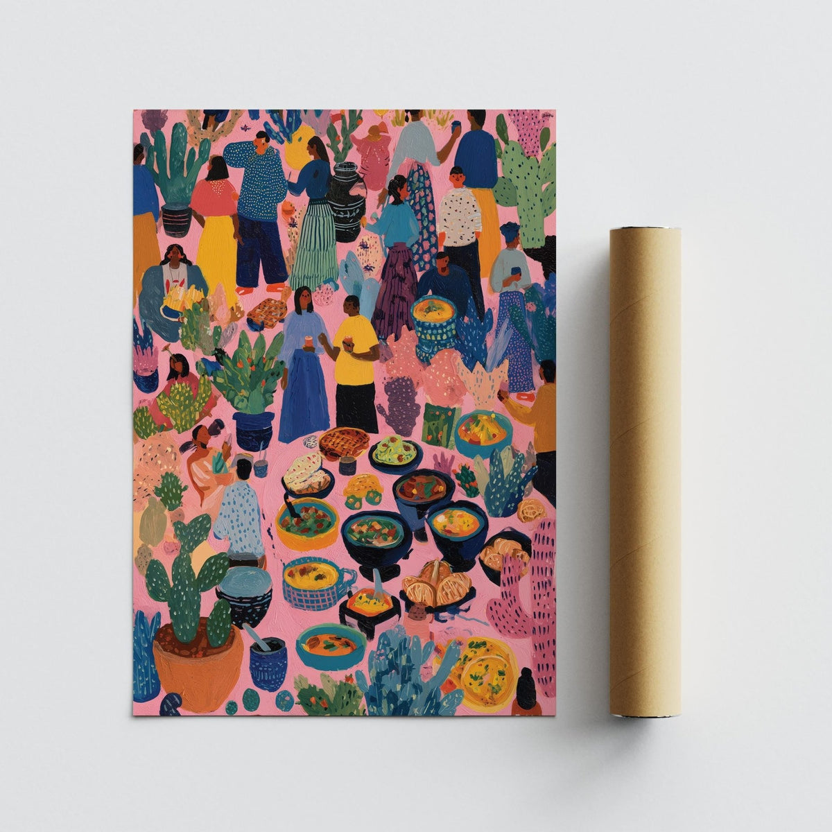 Rolled print with packaging tube showing market day scene with people and plants in bright colours