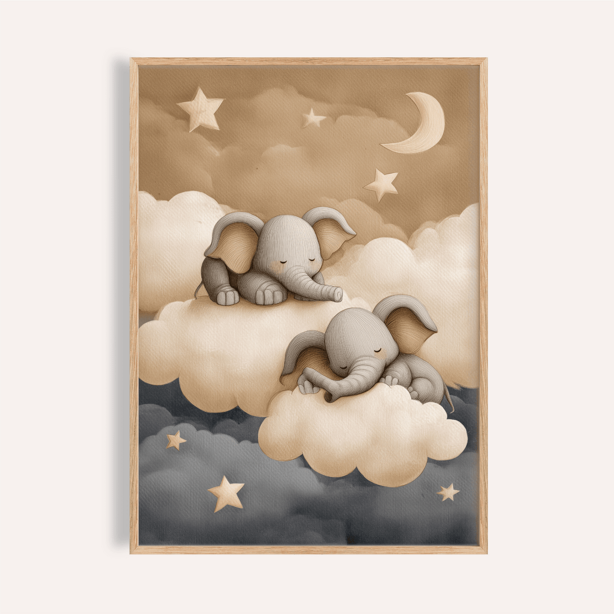 Framed print close-up of baby elephants nursery art with sleeping elephants on clouds in soft watercolour tones