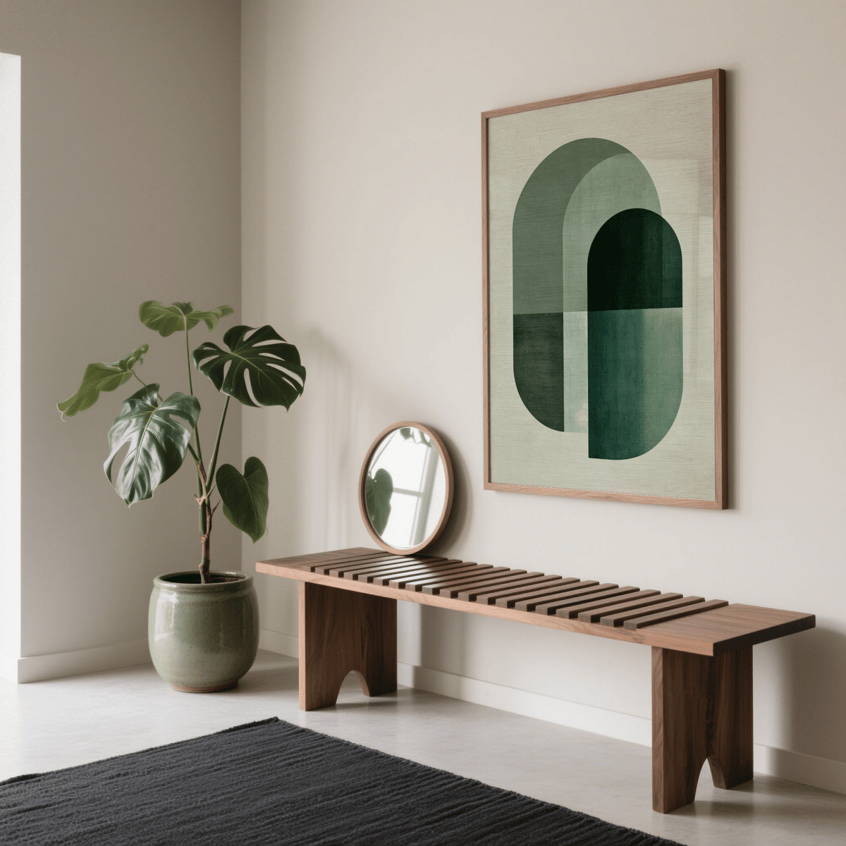 Green Tone Poster Print in muted greens above a wooden bench with a round mirror and a large potted plant