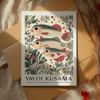 Wall Art of Fish showing a redfin fish trio illustration with red and green botanical elements on a beige background