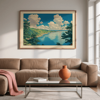 Hasui Kawase Seascape Print framed on a wall above a sofa with earthy colours and clouds reflected in calm water