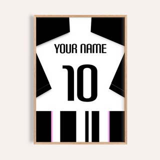 Framed Football Shirt Poster in Black and White Stripes with Pink Accents showing number 10 and your name