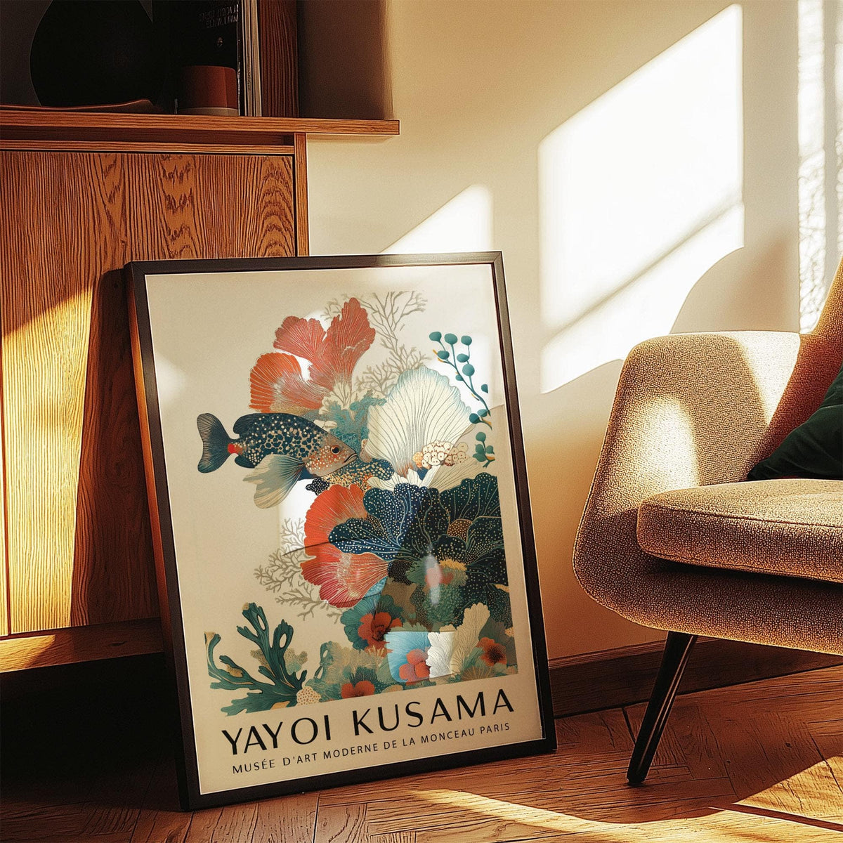Tropical Fish Poster print leaning on floor with coral and fish illustration in soft light near armchair