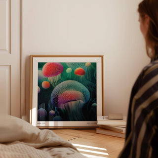 Ocean prints leaning print of glowing jellyfish in red and green hues next to books on the floor