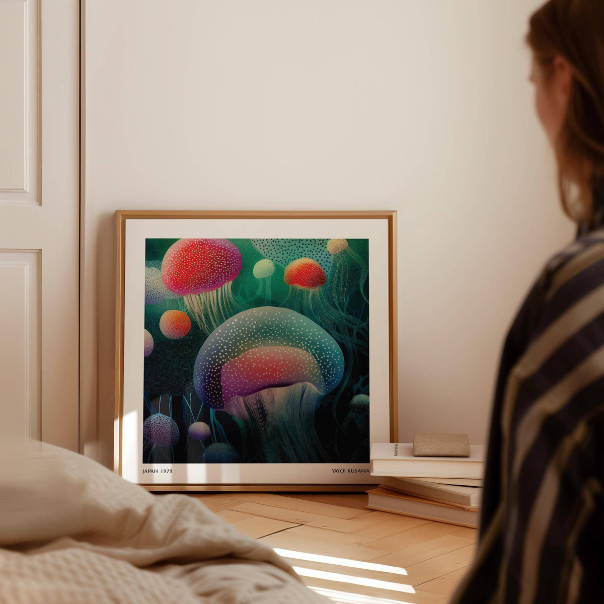 Ocean prints leaning print of glowing jellyfish in red and green hues next to books on the floor