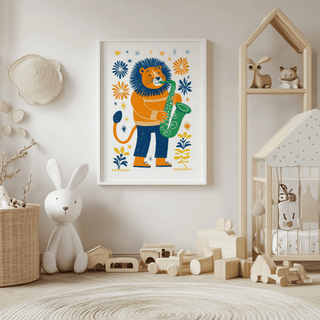 Print on a wall of saxophone lion art print in bright folk-art style with toys around in a nursery