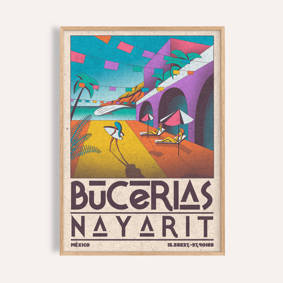 Framed print close-up of Mexico Coastal Wall Art with bright retro beach scene and umbrellas