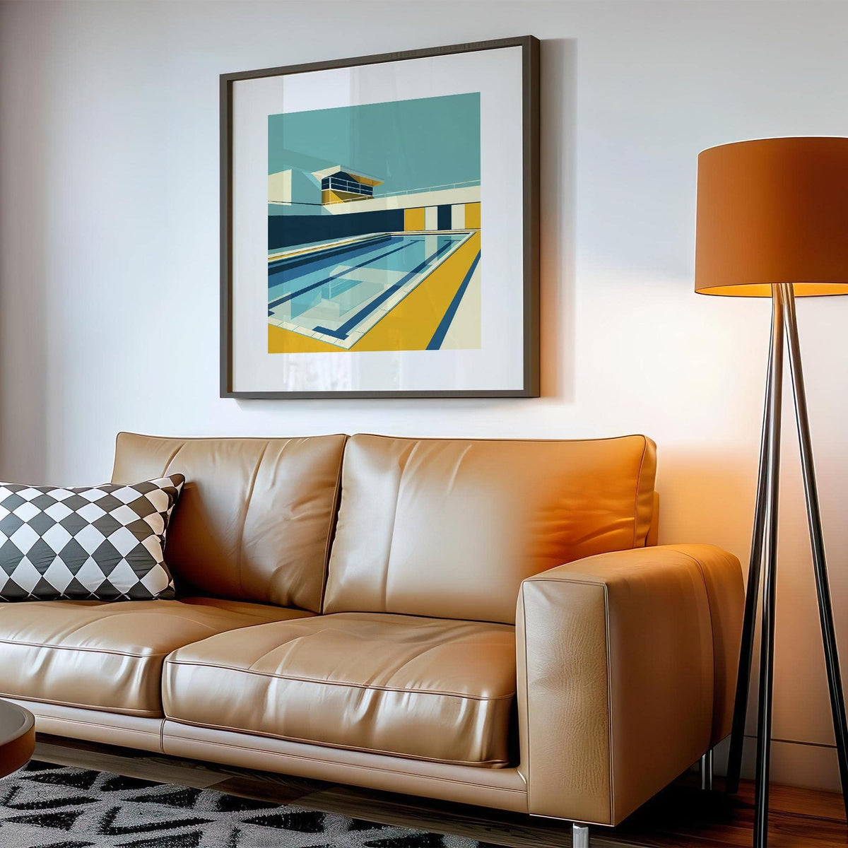 Minimalistic Art framed print of a minimalist swimming pool with yellow and teal colours above a tan leather sofa