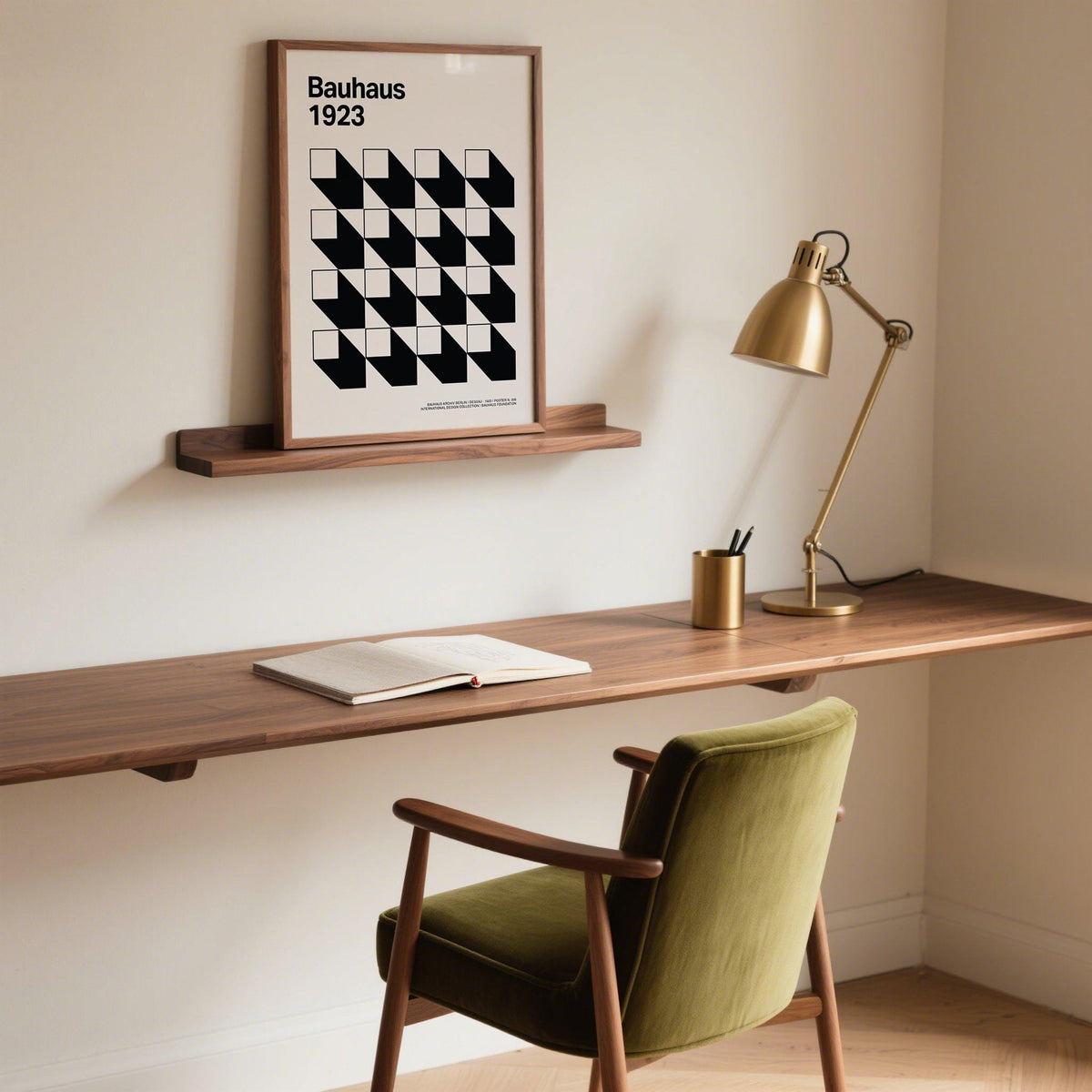 Office Space Poster framed print with black and white geometric shapes above desk with lamp