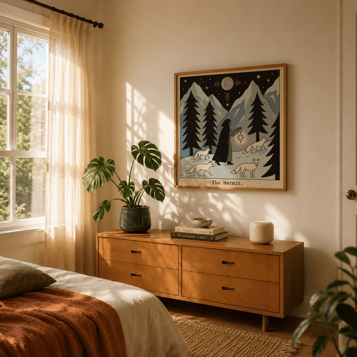 The Hermit Tarot Card Art print on a bedroom wall above a wooden chest with plant and candle