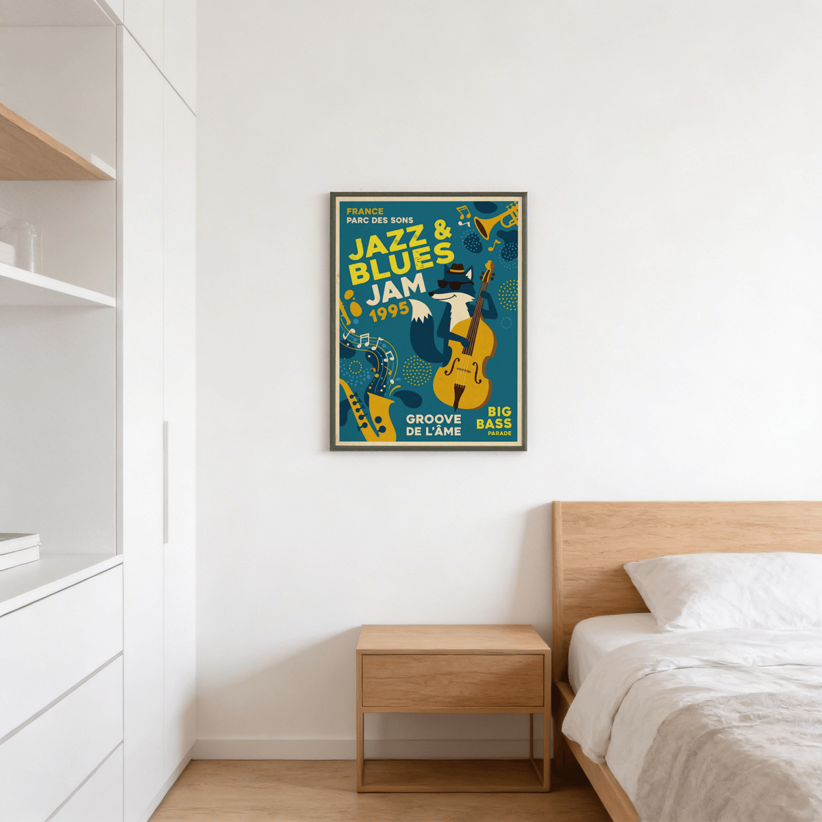 Blues Concert Print on a bedroom wall with a fox playing double bass and retro colours above a wooden bedside table
