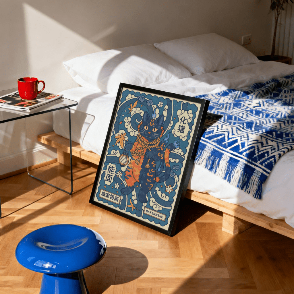 Bakeneko Art print leaning on floor with blue and orange cat spirit illustration by a bed and table