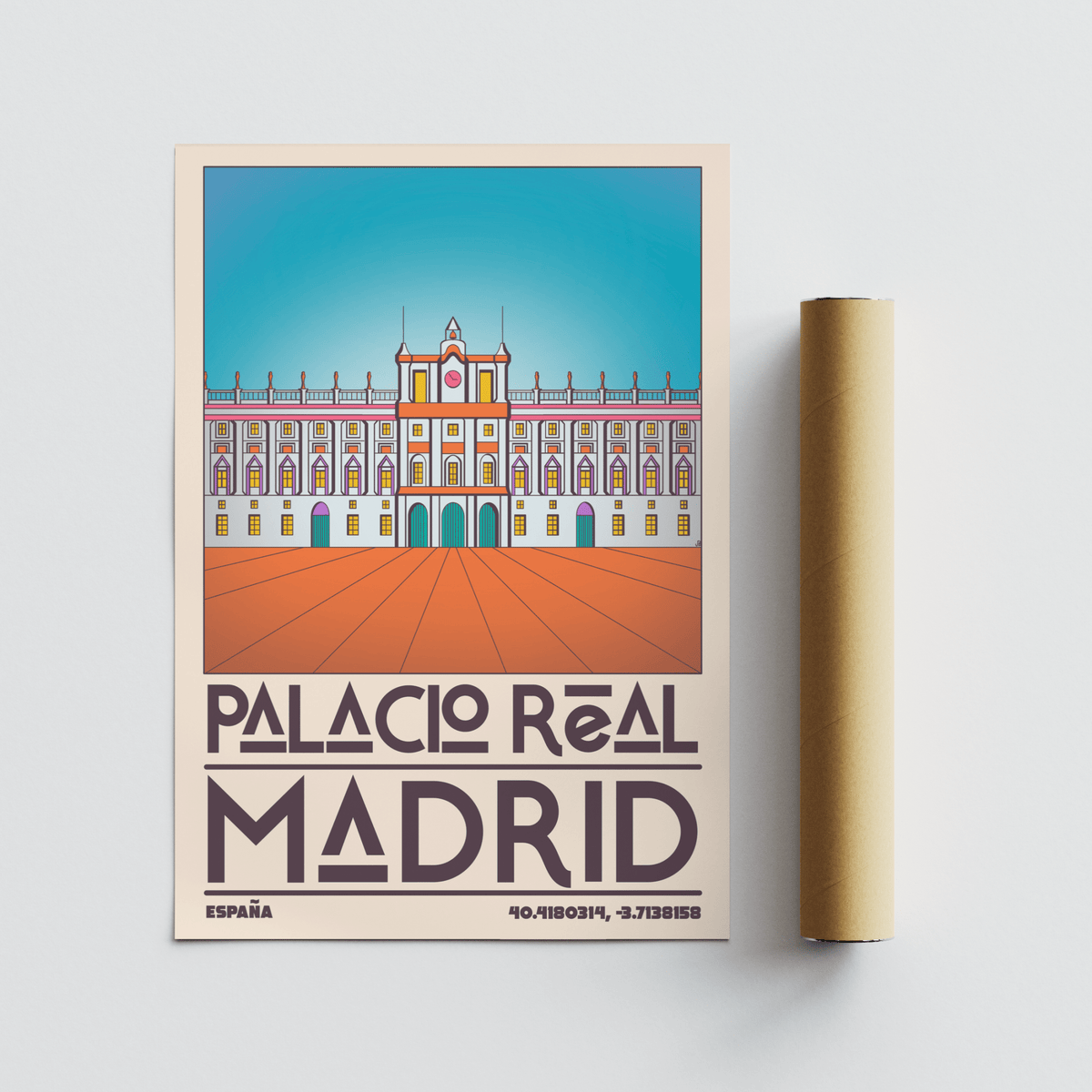 Madrid Royal Palace poster beside a brown cardboard tube on a white surface