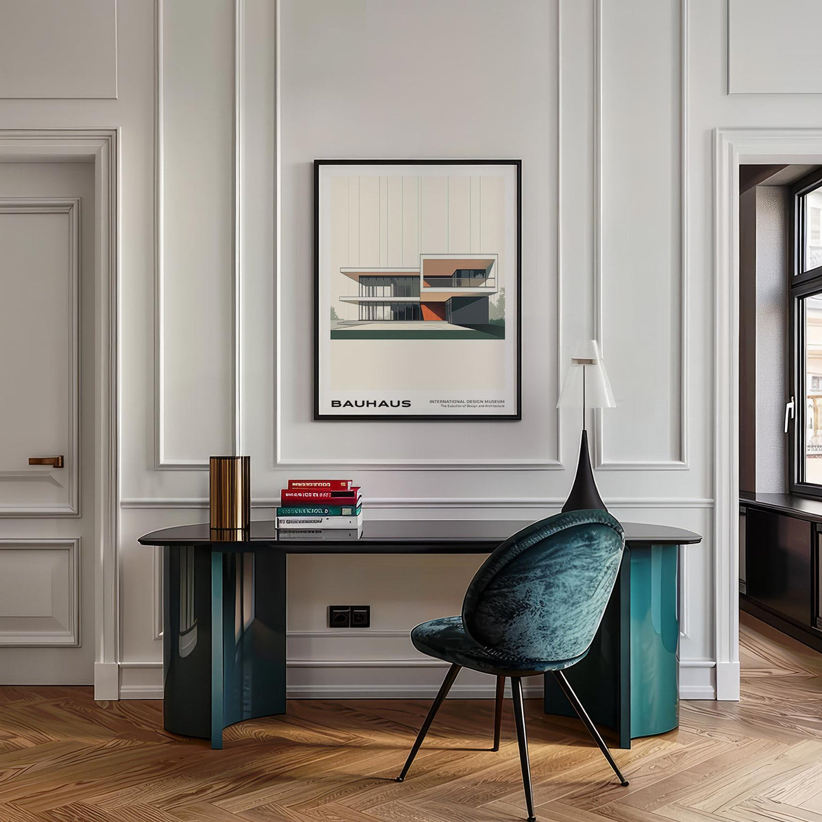 Bauhaus Architecture Poster of a modernist building with beige, grey, and orange colours above a black desk