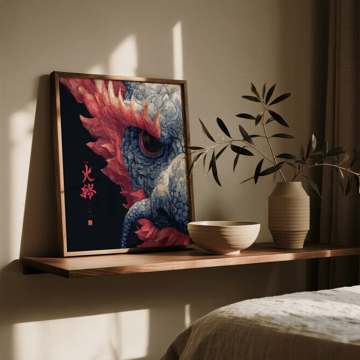 Red Dragon Art print leaning on a shelf next to a bowl and a vase with branches