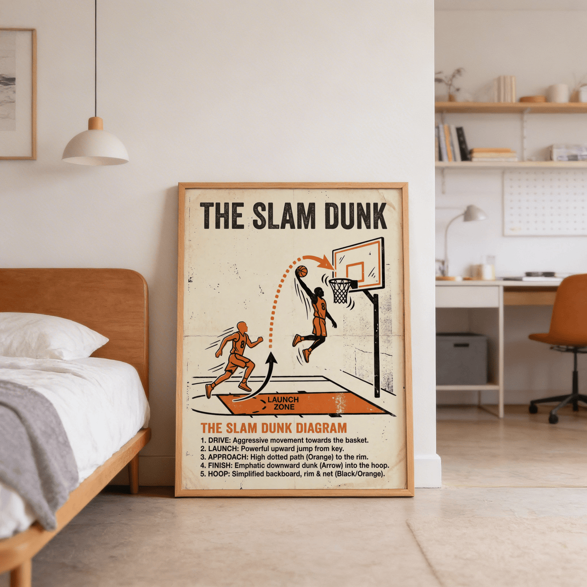 Slam Dunk Diagram Art print leaning on bedroom floor with desk and chair in background