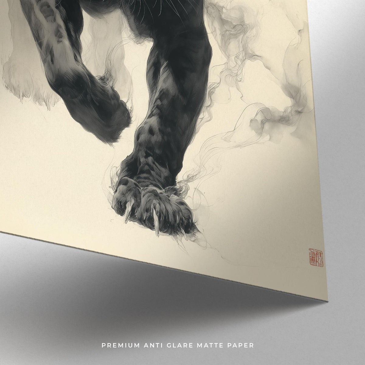 Detail close-up of Traditional Japanese Ink Art showing the black panther's paw with ink smoke effect on matte paper