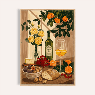 Still Life Kitchen Art framed print of bread, figs, grapes and wine illustration