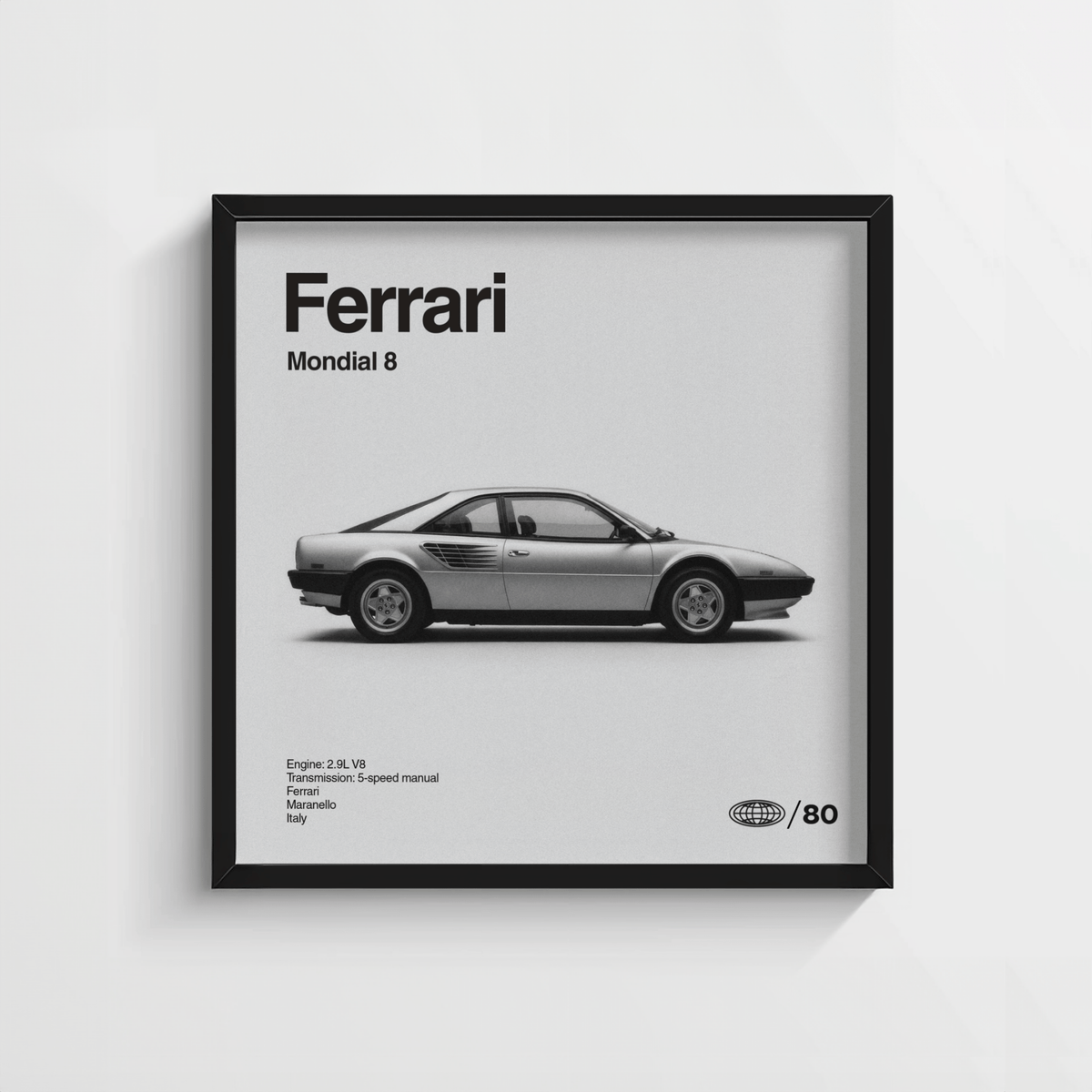 Classic 1980s Italian Coupe Poster framed print close-up with a black frame and minimalist grey background