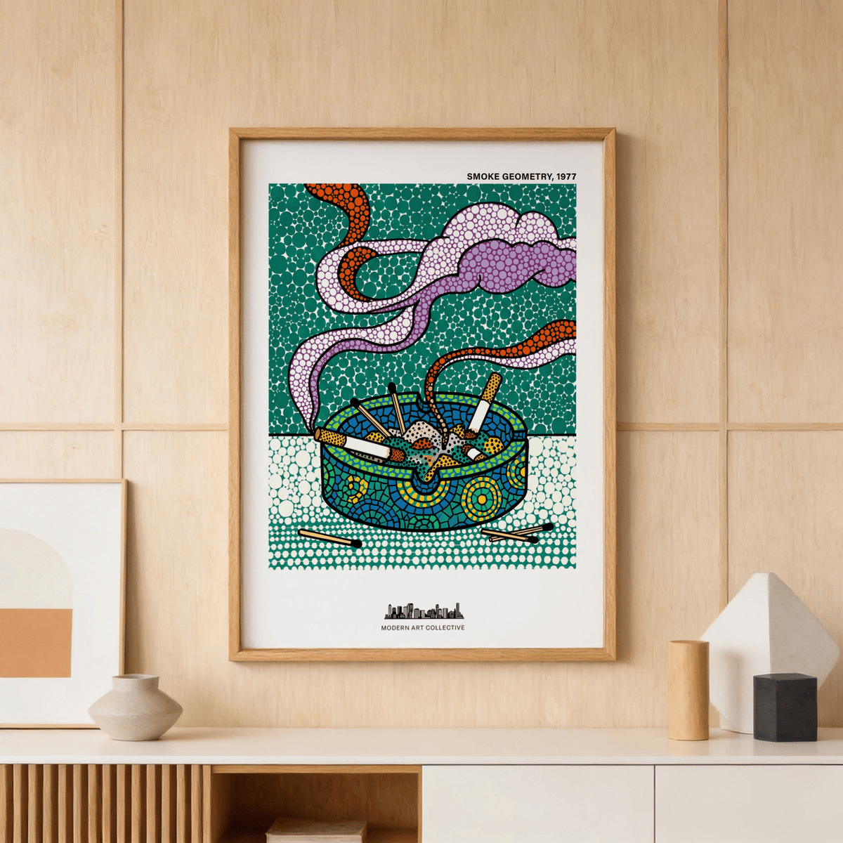 Geometric Smoke Art Print of an ashtray with smoking cigarettes in green and purple on a wooden wall above a white shelf with vases