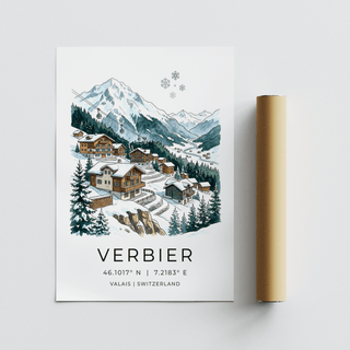 Verbier Mountain wall art beside a brown packaging tube featuring an alpine village in winter colours