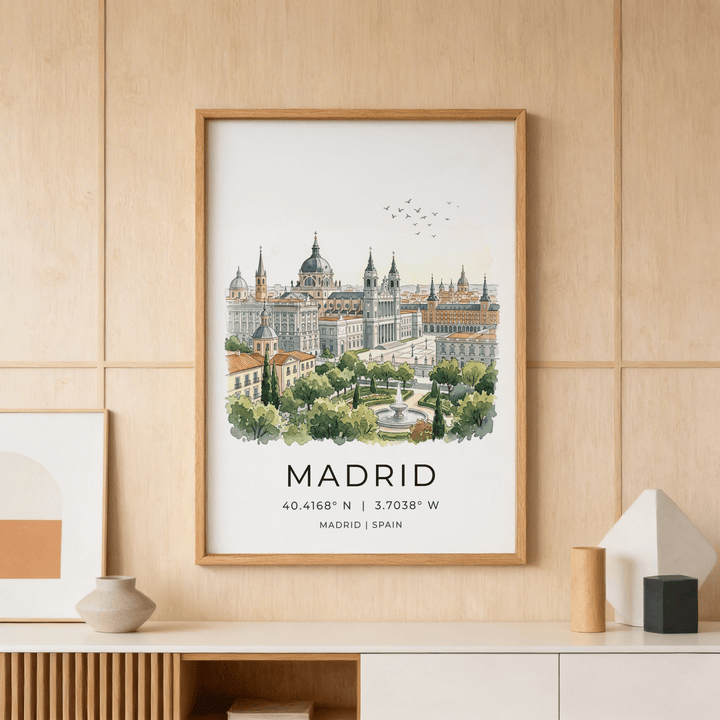 Madrid Cityscape Art Print with watercolour illustration and line-art hung on a wooden paneled wall above a console