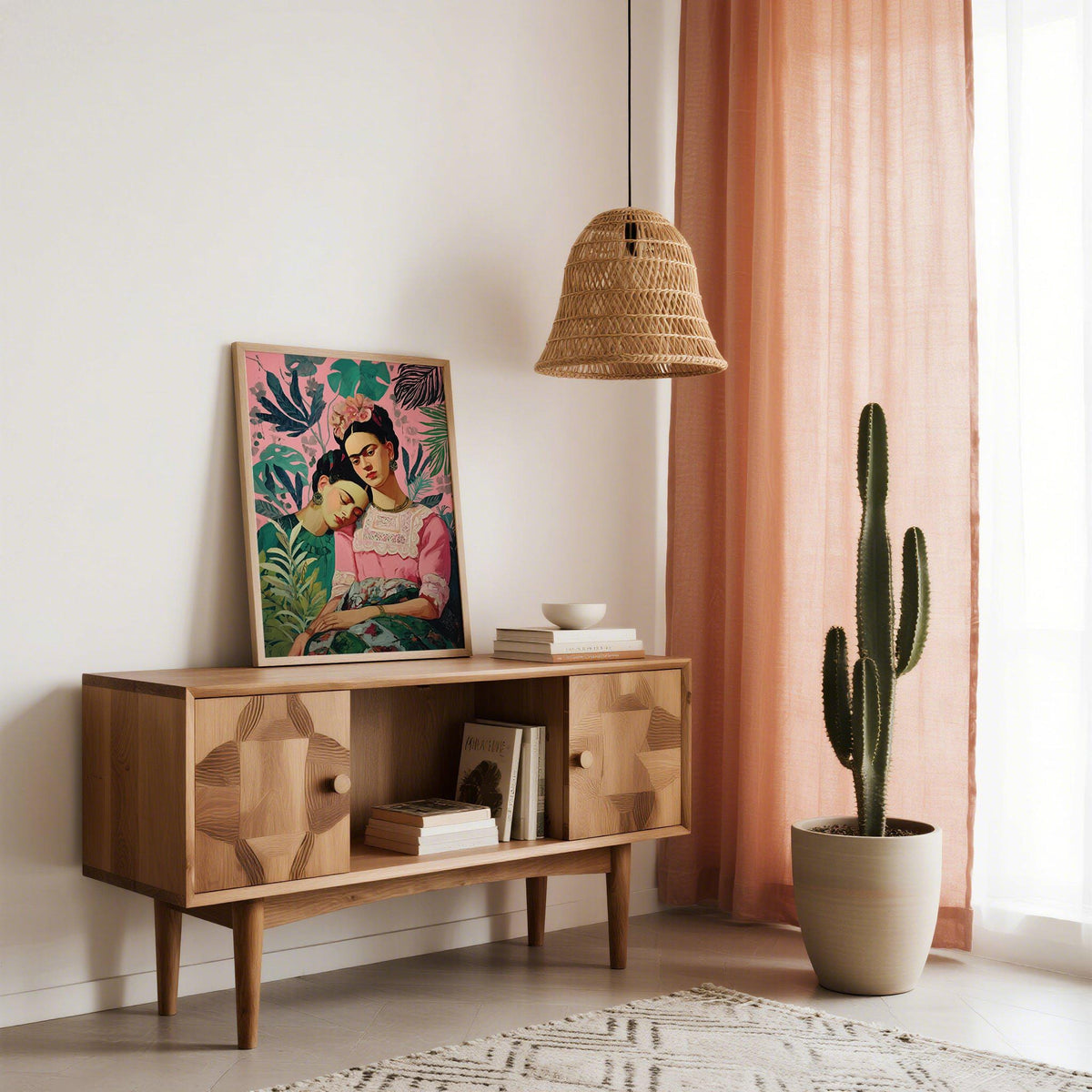 Print leaning on a wooden cabinet of two women portrait with pink and green tones in a light room