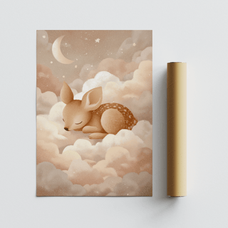 Sleeping Deer wall art showing a minimalist illustration of a sleeping fawn in brown and cream beside a packaging tube