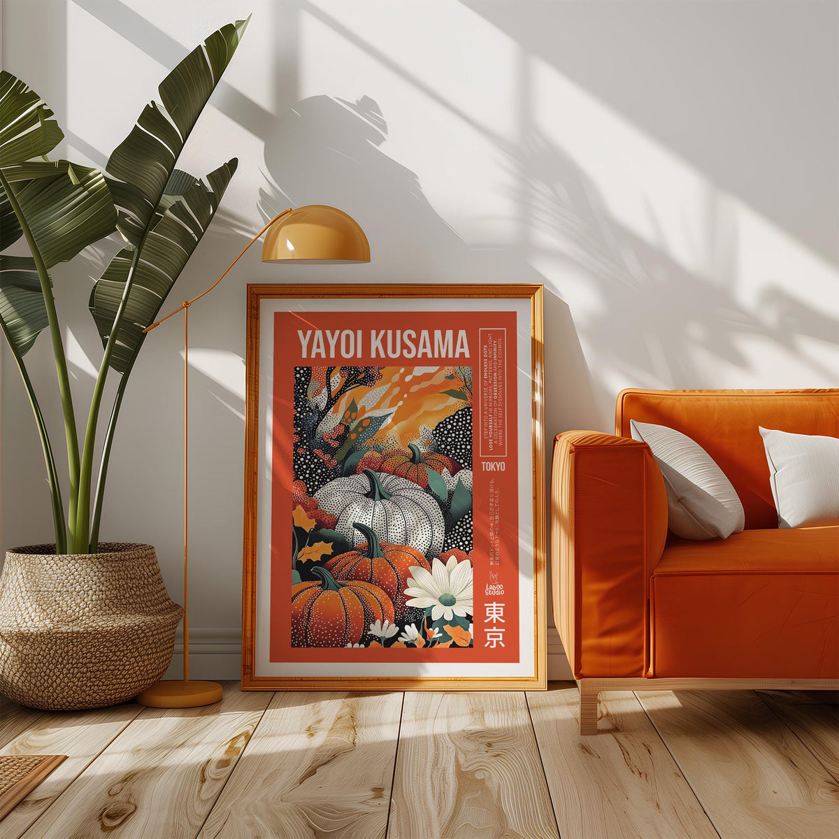 Vibrant orange artwork with bold pumpkins inspired by Yayoi Kusama pumpkin print.