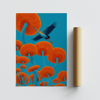 Japandi Bird Print showing stylised orange mushrooms and a flying crane bird on a blue background beside a cardboard tube