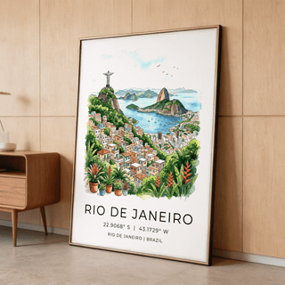 Rio De Janeiro Art Print leaning on a wooden floor showing a watercolour landscape with green hills and blue sea
